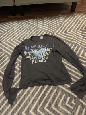 Svart långärmad topp Harley-Davidson - Cool svart långärmad topp från Harley-Davidson med tryck i blått och vitt framtill. Toppen har rund hals och ett grafiskt motiv med text och en blå siluett av en motorcykel. I tröjan står det att det är en XL. Men skulle säga att den är mer S. Är själv S och den sitter hur bra som helst, kan vara lite längre i armarna dock.