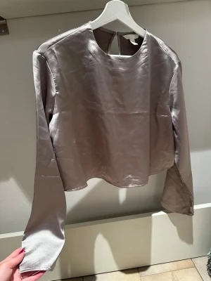 Champagnefärgad satinblus från H&M - Säljer en stilren blus från H&M i champagnefärgad satin. Blusen har rund halsringning, långa ärmar och en lätt glansig finish som ger en lyxig känsla. Perfekt för dig som gillar minimalistisk design med en touch av elegans.