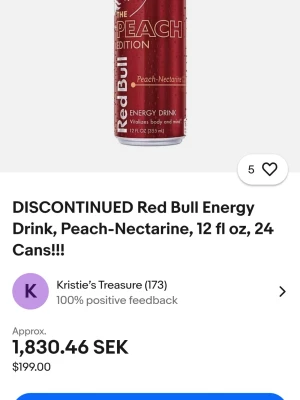 Säljer redbull peach 12 pack - Som ni ser på bilden så går 24 pack för 1800kr då den smaken inte tillverkas längre. Jag har ett 12 pack inne nu som inte är öppnat. Jag köpte flaket för 1200kr  men valde att sälja vidare då dem är sällsynta. Priset kommer framöver att stiga då det blir färre och färre av denna smak så du kommer kunna sälja vidare för högre pris eller själv njuta av den härliga persika smaken