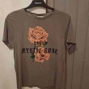 Grå t-shirt med ros-tryck FB Sister - Grå t-shirt från FB Sister i bomull med tryck av två stora rosa rosor och texten 'Dark Mystic Rose' på framsidan. Klassisk rund hals och korta ärmar. Perfekt för dig som gillar coola prints och vill sticka ut lite extra.
