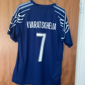 PSG fotbollströja Kvaratskhelia #7 - Helt oanvänd Snygg marinblå PSG fotbollströja med Kvaratskhelia och nummer 7 på ryggen. Tröjan har vita detaljer, tryckt Jordan-logga och Paris Saint-Germain-märke på bröstet. Tillverkad i lätt och ventilerande polyester, perfekt för match eller träning.