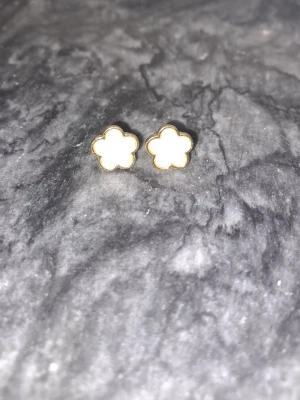 Blommiga örhängen i vitt och guld - Söta örhängen i form av små blommor med vit mitt och guldfärgad kant. Perfekta för dig som gillar en enkel men ändå söt stil. Passar till många olika looks och är lätta att bära hela dagen.