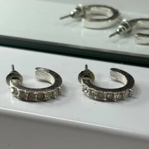 Silvriga örhängen med stenar - Säljer ett par silvriga halvrunda örhängen med infattade klara stenar längs framsidan. De har en klassisk och stilren design som passar perfekt för dig som gillar lite extra bling i vardagen. Snygga att matcha med andra silversmycken.