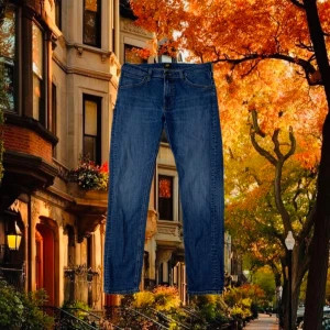 Blå Lee jeans straight fit - Stilrena blå jeans från Lee i storlek W33 L34. Några sömmar på baksidan på lappen har lossnat. Annars väldigt fin