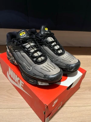 Nike Air Max Plus TN svart/grå sneakers - Nike Air Max Plus TN sneakers i svart och grått med ikoniska TN-loggan på plösen. Skorna har en futuristisk design med svarta detaljer, synlig Air-dämpning och snörning. Ovandelen är i syntetmaterial och mesh för bra andningsförmåga. Perfekta för dig som gillar streetwear.