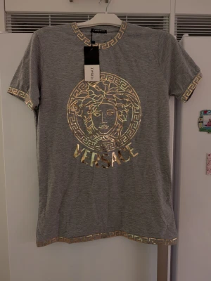 Grå t-shirt med gulddetaljer - Snygg grå t-shirt  med korta ärmar och guldfärgat Medusa-tryck framtill. T-shirten har guldfärgade grekiska mönster längs halsringning, ärmslut och nederkant. Perfekt för dig som vill sticka ut med exklusiva detaljer.