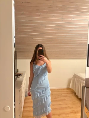 Ljusblå volangklänning med smala axelband - Säljer en ljusblå klänning med smala axelband och volangdetaljer som går diagonalt över hela klänningen. Modellen är ärmlös och har en feminin, somrig look. Perfekt för dig som gillar romantiska detaljer och en lätt, luftig känsla.