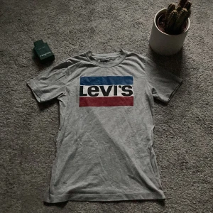 Grå Levi's t-shirt med logga - Snygg grå t-shirt från Levi's med klassisk stor logga i blått, vitt och rött på bröstet. Modellen är rak med rund hals och korta ärmar. Materialet är mjuk bomull som känns skönt mot huden. Perfekt för dig som gillar streetwear och ikoniska märken.