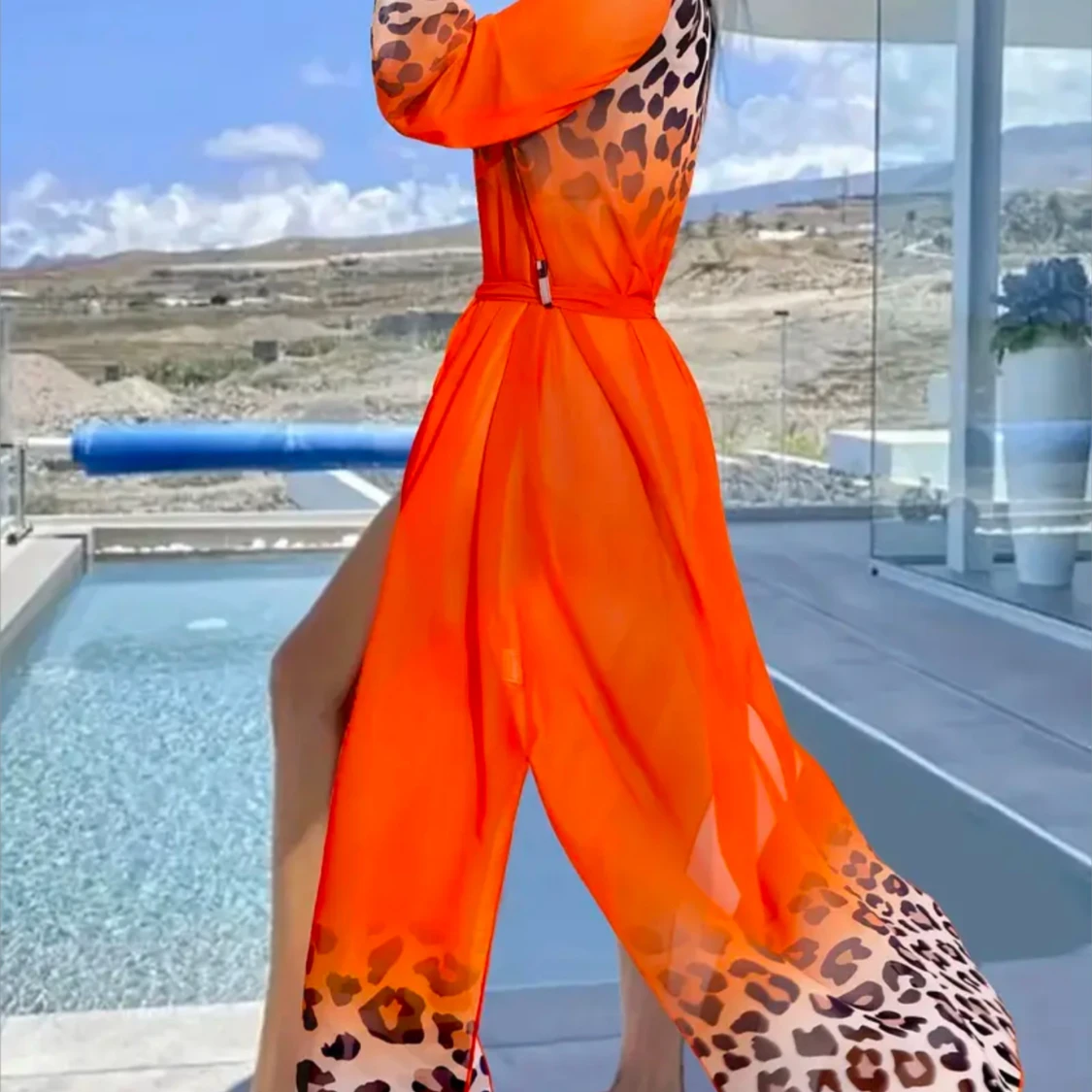 Orange långklänning med leopardmönster - 2