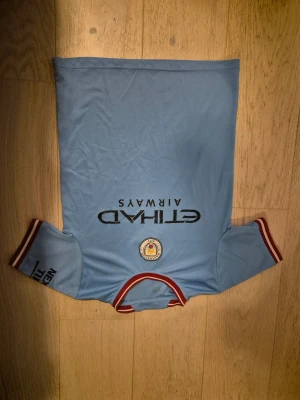 Manchester City ljusblå matchtröja - Säljer en ljusblå Manchester City fotbollströja med Etihad Airways-tryck på bröstet och klubbmärke framtill. Tröjan har korta ärmar med röda och vita detaljer på muddar och krage. Tillverkad i lätt och ventilerande polyester, perfekt för match eller träning.