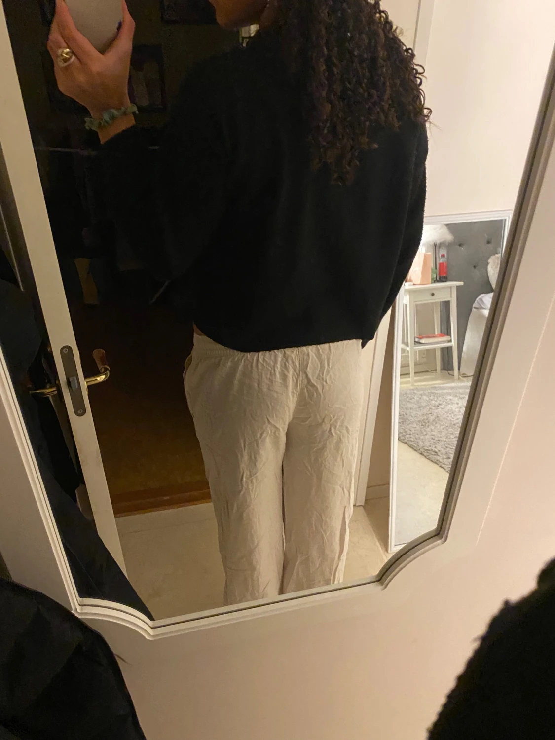 Vita/beiga linnebyxor med snörning - 3