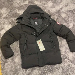 Svart dunjacka från Canada Goose - Svart dunjacka från Canada Goose med huva och klassisk logga på ärmen. Jackan har dragkedja och knappar framtill, två stora fickor och quiltad design. Perfekt för kalla dagar och har en clean, stilren look som funkar till streetwear. Den är dock fejk och det finns päls om man vill ha den är lite större i storleken 
