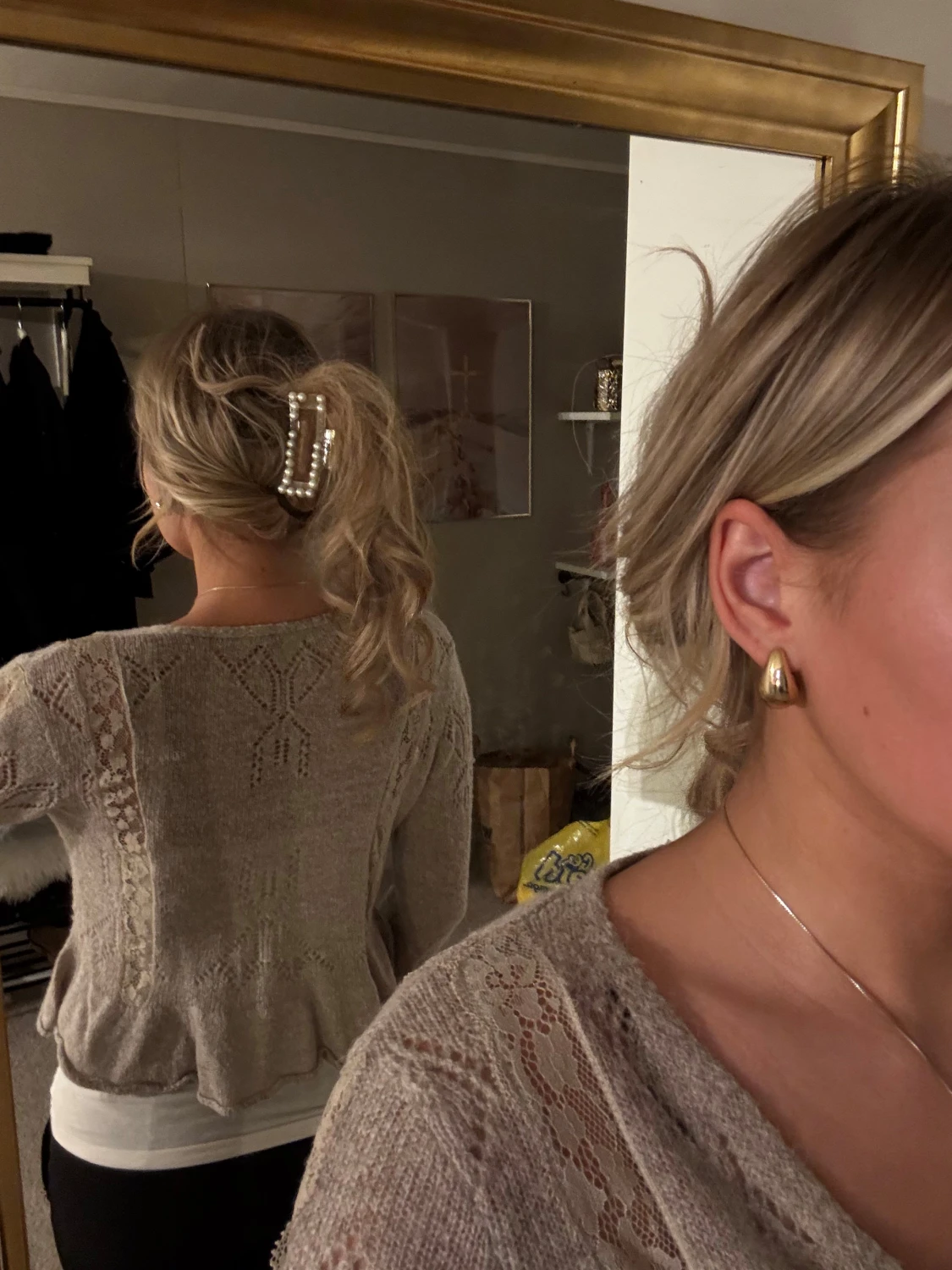 Beige stickad kofta med knyt - 2