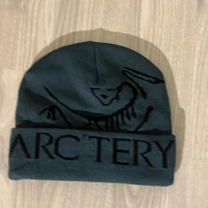 Grön mössa från Arcteryx  - Snygg svart mössa från Arcteryx med stor logga och fossilmotiv framtill. Perfekt för kalla dagar och outdoor-aktiviteter. Mjuk och skön passform, tillverkad i stretchig syntet som håller värmen.