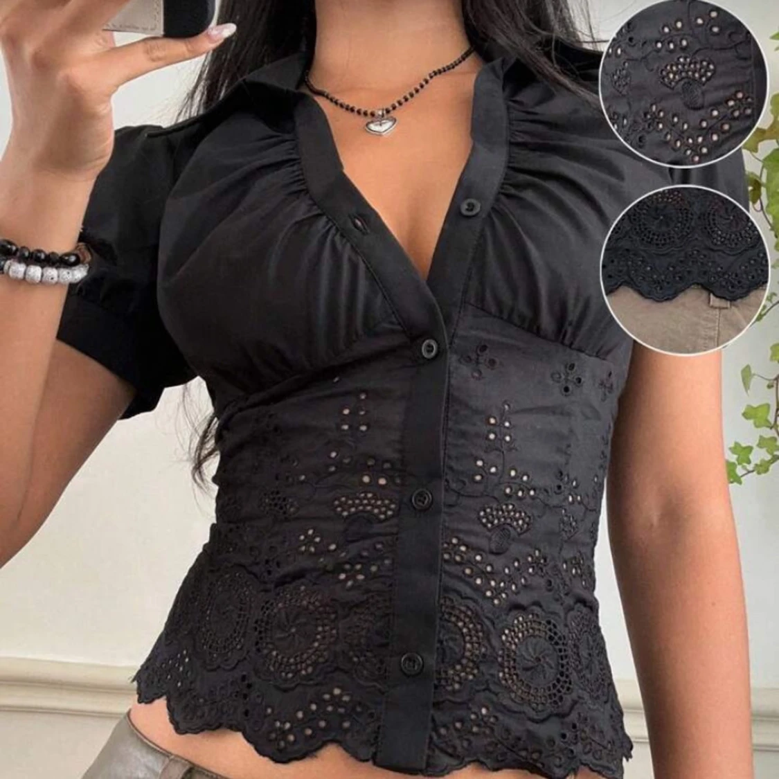 Svart broderad skjorta med spets