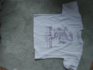 Vit t-shirt med lila tryck från Lindex - Vit t-shirt från Lindex med coolt lila tryck på framsidan som visar en orm slingrad runt rosor och texten 'Stay True'. Klassisk rund hals och korta ärmar. Materialet är mjuk bomull, perfekt för en chill och avslappnad stil.