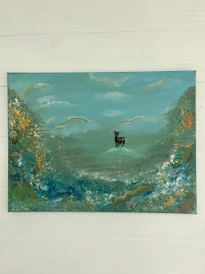 Dear blue sky🩵🌟 - Detta är en tavla med rådjur som passar perfekt i ditt rum! Den är unik och handgjord av mig! Den är 30x40 stor och målad i akryl färg🥰