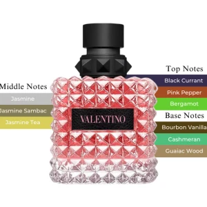 Valentino Donna Born in Roma Eau de Parfum - Upptäck Valentino Donna Born in Roma, en elegant parfym med toppnoter av svartvinbär, rosa peppar och bergamott. Mellannoterna bjuder på jasmin och jasminte, medan basnoterna avrundas med bourbonvanilj, cashmeran och guaiac-trä. Flaskan har en lyxig design med nitar och en rosa nyans.