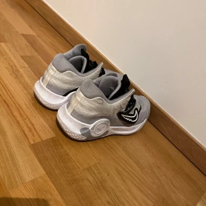 Gråa och vita Nike sneakers - Säljer ett par gråa och vita Kevin durant basketskor i bra skick. De har en modern design med svarta detaljer och en bekväm sula. Perfekta för basketspelare. Skorna har snörning och är gjorda av syntetmaterial. Box följer med. (pris kan diskuteras vid snabb affär!)