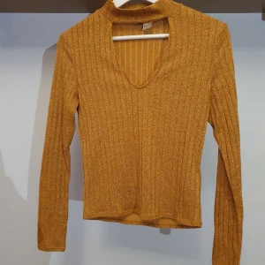 Guldglittrig ribbad topp - Säljer en superfin långärmad guldglittrig tröja i storlek S. Den är ribbad och har en snygg v-ringning som passar perfekt till festliga tillfällen. Perfekt topp för att glittra lite extra på vinterns alla festliga tillfällen! ✨