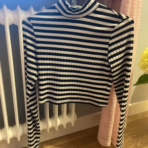 Randig långärmad tröja från H&M - Säljer en superfin randig tröja från H&M i storlek XS. Den är svart och vit med långa ärmar och en hög krage. Perfekt för både höst och vår, och den är riktigt skön att ha på sig. Passar till både jeans och kjol!