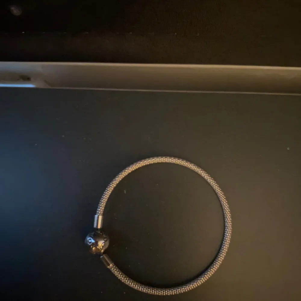 Säljer ett elegant silverarmband från Pandora som är nästan helt oanvänt. Armbandet har en fin, flätad design och en rund låsdetalj med Pandora-loggan. Omrkretsen är ca 20 cm. Perfekt för både vardag och fest! ✨. Accessoarer.