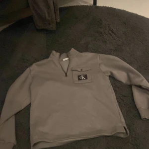 Grå tröja från Calvin Klein Jeans - Säljer en stilren grå tröja från Calvin Klein Jeans med en praktisk dragkedja vid halsen och en ficka med CK-logga på bröstet. Perfekt för en avslappnad look.