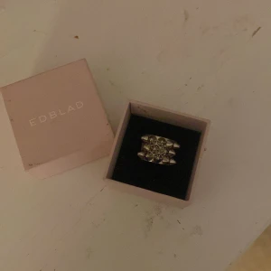 Silverfärgad ring från Edblad - ⚠️kan ta imot byten i vissa fall beror på vad⚠️Snygg ring från Edblad i silverfärg. Ringen har ett coolt designmönster med flera små spetsiga detaljer som ger en edgy look. Perfekt för att ge din outfit en extra touch av stil. Peak ring i silver i strl 18,50