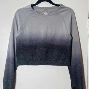 Grå/svart tränings crop top - Work Out - Oanvänd snygg grå och svart ombre croppad tröja från Work Out. Strl 40-42. Tröjan har långa ärmar och är tillverkad i ett bekvämt syntetmaterial. Materialen är 77% polyamide 17% polyester 6% elastane. Perfekt för träning eller en avslappnad dag!