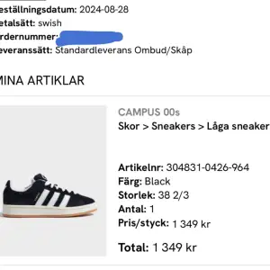 Säljer mina helt nya svarta Adidas campus 00. Säljer eftersom jag har köpt ett par andra skor istället och dessa kommer inte till användning (kan inte skicka tbx för har använt ute MAX 5 gånger) 