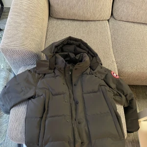 Grå dunjacka från Canada Goose - Säljer en sgrå dunjacka från Canada Goose med huva och dragkedja. Jackan har långa ärmar och en logotyp på ärmen. Perfekt för kalla vinterdagar.