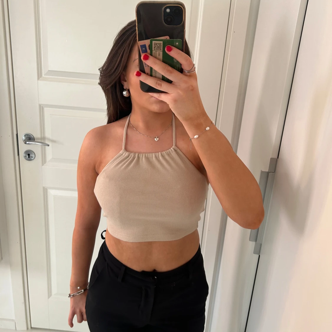 Beige ribbad croppad topp