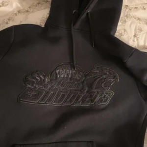 Svart hoodie från Trapstar - Säljer en svart hoodie från Trapstar med ett coolt broderat motiv på framsidan. Hoodien har en klassisk design med dragsko i huvan och en stor magficka. Perfekt för en avslappnad stil.