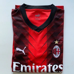 Röd och svart AC Milan fotbollströja från Puma - Snygg AC Milan fotbollströja i rött och svart med klubbens emblem och Puma-logga. Tröjan har korta ärmar och ett modernt mönster. Perfekt för fans som vill visa sitt stöd.