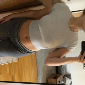 Grå croppad t-shirt från Bershka - Säljer en stilren grå croppad t-shirt från Bershka. Den är tillverkad i ett mjukt material och har korta ärmar. Perfekt för en avslappnad look.