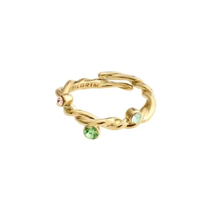 Guldfärgad ring med stenar från Pilgrim - Säljer en superfin guldfärgad ring från Pilgrim. Nypris: 349 Ringen har en tvinnad design och är dekorerad med små färgade stenar i grönt och rosa. Helt oanvänd! Guldpläterad ring med Preciosa-kristaller Vriden design och organiska former Ringen är justerbar i storlek Glittrande stenar och en glänsande finish Tillverkad av minst 75 % återvunnet material