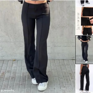 Lågmidjade kostymbyxor  - Snygga svarta byxor med låg midja. Perfekta för en avslappnad men ändå stilren look. De har en tight passform upptill och blir vidare nedtill, vilket ger en cool siluett. Endast testade o säljer då de ej kommit till användning! Är från märket Madlady i storlek 38 short -> innerbenslängd 76 cm. 💕💕