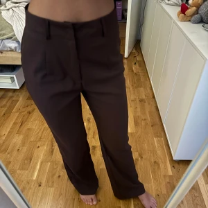 Bruna kostymbyxor - Snygga bruna kostymbyxor med hög midja och rak passform. Perfekta för en stilren look. Byxorna har en klassisk design med knäppning fram. Dem är lite stora på mig som ni ser och det är därför jag säljer dem.