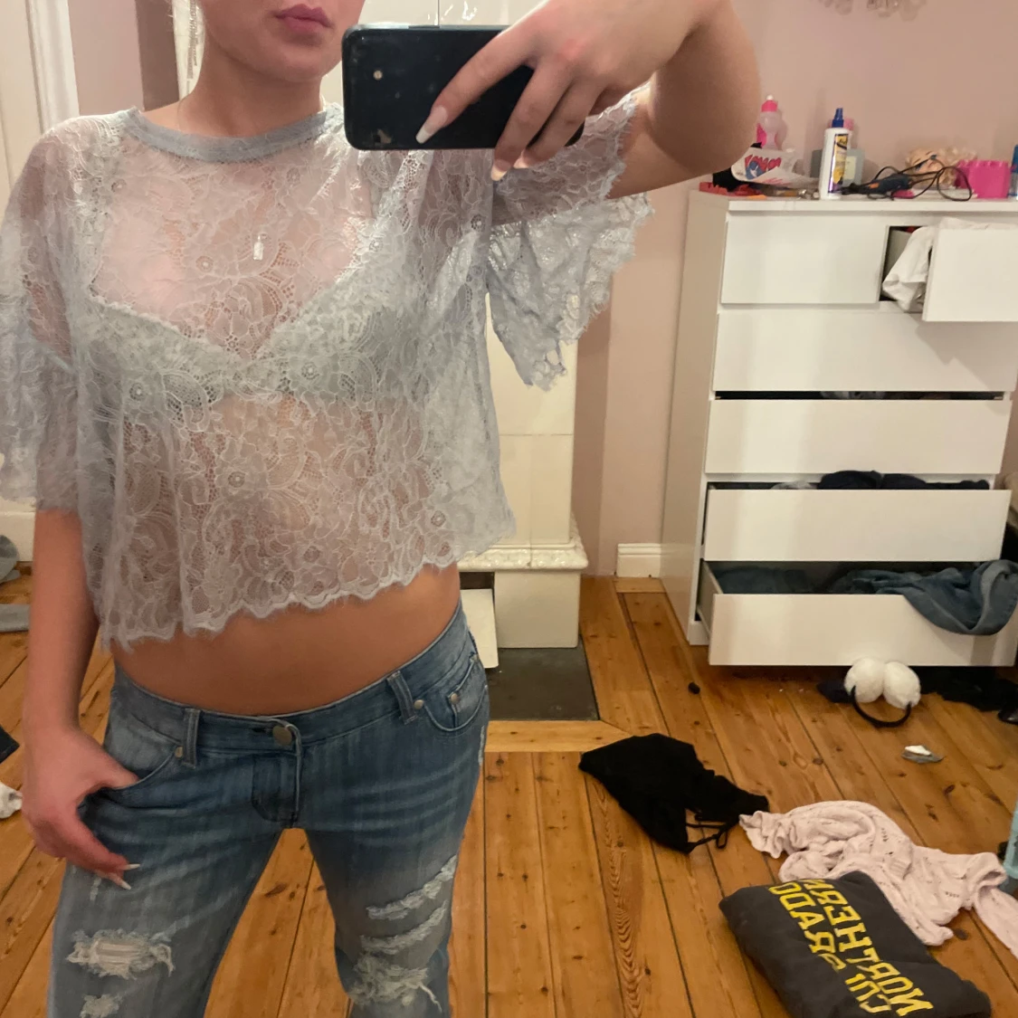 Grå/blå spetsblus - 91