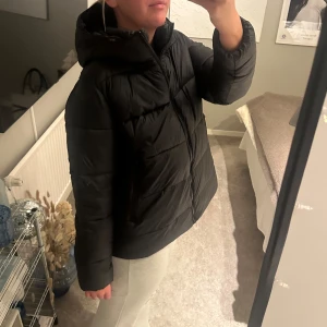 Svart dunjacka från zara  - Säljer en svart dunjacka från zara med huva och dragkedja. Jackan har en pufferdesign och är perfekt för kyligare väder. Den har långa ärmar och en diskret logga på ärmen.