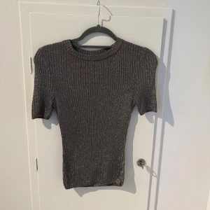 Glittrig ribbad topp - Snygg glittrig ribbad topp i silver med korta ärmar. Perfekt för en kväll ute eller en festlig tillställning. Toppen har en tight passform som framhäver figuren. Bara att höra av dig vid frågor💕