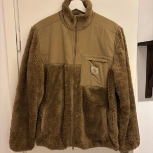 Beige teddyjacka från Carhartt - Säljer en mysig beige teddyjacka från Carhartt med dragkedja och bröstficka. Jackan har en hög krage och långa ärmar, perfekt för kyliga dagar. Den har en stilren design med en kombination av teddy och slätare material på axlarna och fickan.