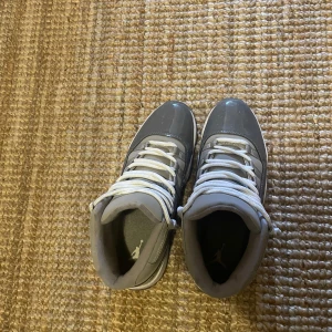 Grå Nike Air Jordans 11 - Snygga grå Nike Air Jordans 11 med vit sula och snörning. Skorna har en glansig yta på vissa partier och är perfekta för en sportig look. De har en högre modell som ger extra stöd runt ankeln. skorna är storlek 46 men passar som 45.