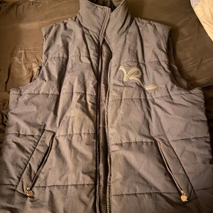 Grå dunväst från Rocawear - Säljer en grå dunväst från Rocawear med dragkedja och broderad logga på bröstet. Västen har praktiska fickor med dragkedjor och en hög krage för extra värme. Västen är inte smutsig alls utan bara ljuset som reflekteras så
