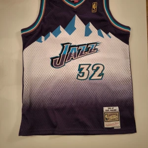 NBA Jazz tröja från Mitchell & Ness - Säljer en retro NBA Jazz tröja från Mitchell & Ness med Karl Malone nummer 32. Tröjan har ett coolt bergsmotiv i blått och vitt på framsidan och är ärmlös. Perfekt för basketfans!