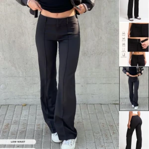 Svarta lågmidjade byxor - Snygga svarta lågmidjade byxor med bootcut. Stl 38 med extra långa med från mad lady. Använda en gång. Kostar 700 nya säljer dom för 400 + frakt. 