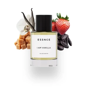 I Am Vanilla Eau de Parfum från Essnce 60% kvar - En lyxig parfym med en söt och krämig doft av vanilj, jordgubbar och tonkabönor. Flaskan är stilren och elegant med en svart kork och genomskinligt glas som visar den ljusgula vätskan. Perfekt för dig som älskar en varm och inbjudande doft. 60% KVAR