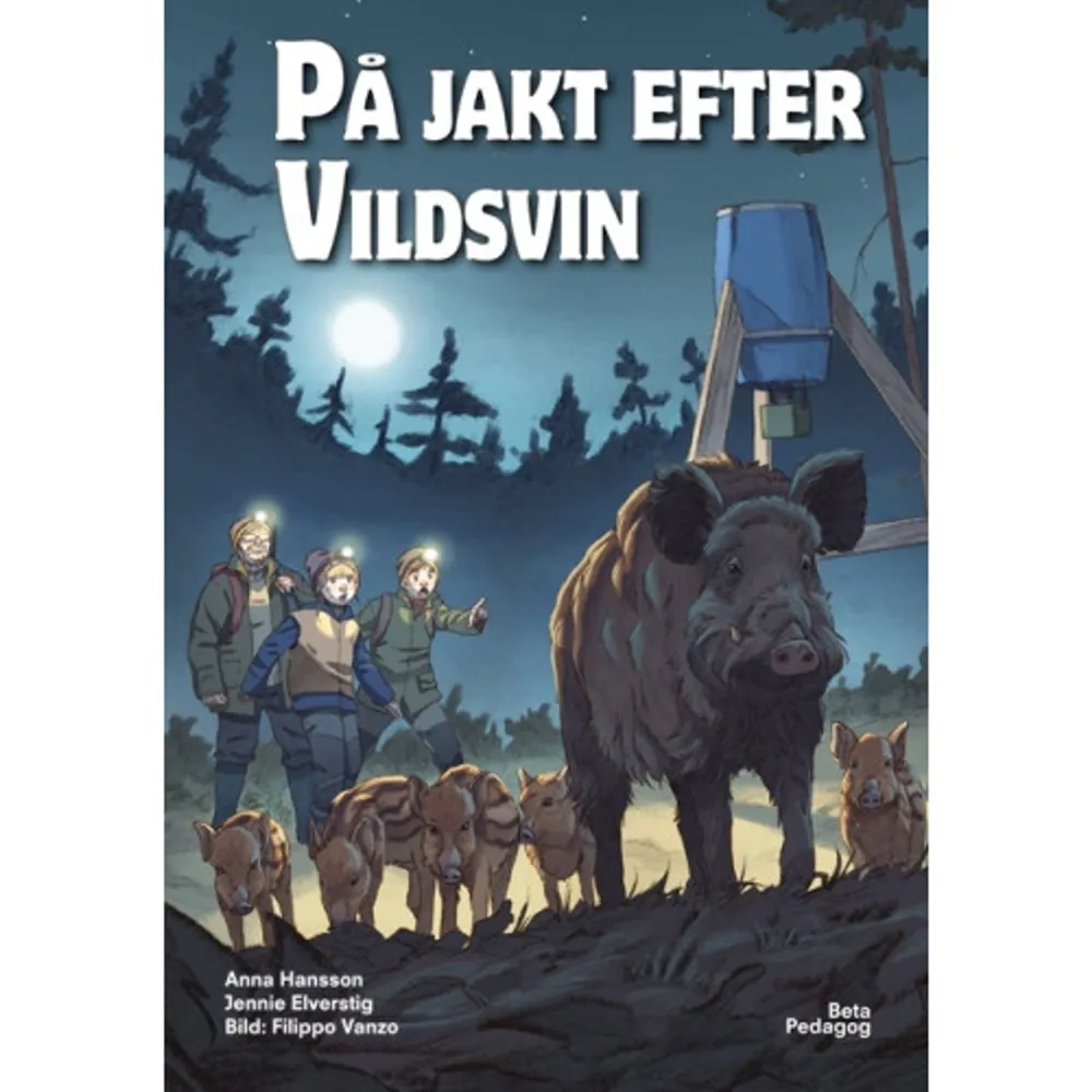 Axel och Siri ska jaga vildsvin med farmor. Farmor hämtar dem vid halv sju på kvällen, för det är på natten vildsvinen är vakna och letar efter mat. Axel och Siri har mörkerkikare, och farmor har mörkersikte på geväret, men kommer det att komma några vildsvin till åteln där farmor lagt ut mat?  På jakt efter vildsvin är den tredje boken i en serie lättlästa böcker för barn mellan 6 och 9 år. Bokens läsbarhetsindex (lix) är 17.  Anna Hansson är utbildad lärare och skriver böcker som hon själv hade velat läsa som barn. Spännande, fantasifulla och roliga.  Jennie Elverstig har erfarenhet av jakthundsuppfödning och har skrivit flera böcker tillsammans med Anna. Med serien På jakt vill de informera om hur jakt bedrivs i Sverige, samt om vilka djur som är vanliga att jaga.  Filippo Vanzo är en illustratör som brinner extra mycket för djur och natur. Hans vackra och naturtrogna bilder är som gjorda för en bokserie om jakt.  Provläs boken på www.betapedagog.se.    Format Inbunden   Omfång 29 sidor   Språk Svenska   Förlag Beta Pedagog AB   Utgivningsdatum 2020-02-10   Medverkande Jennie Elverstig   Medverkande Filippo Vanzo   ISBN 9789188871091  . Böcker.