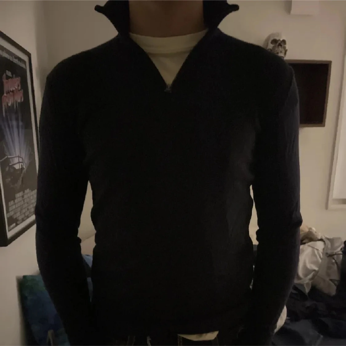 Marinblå ull halfzip  - 90