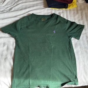 Grön t-shirt från Polo Ralph Lauren - Säljer en grön t-shirt från Polo Ralph Lauren med klassisk passform och lila broderad logga på bröstet. T-shirten är i mjuk bomull och har korta ärmar. Perfekt för en avslappnad stil.